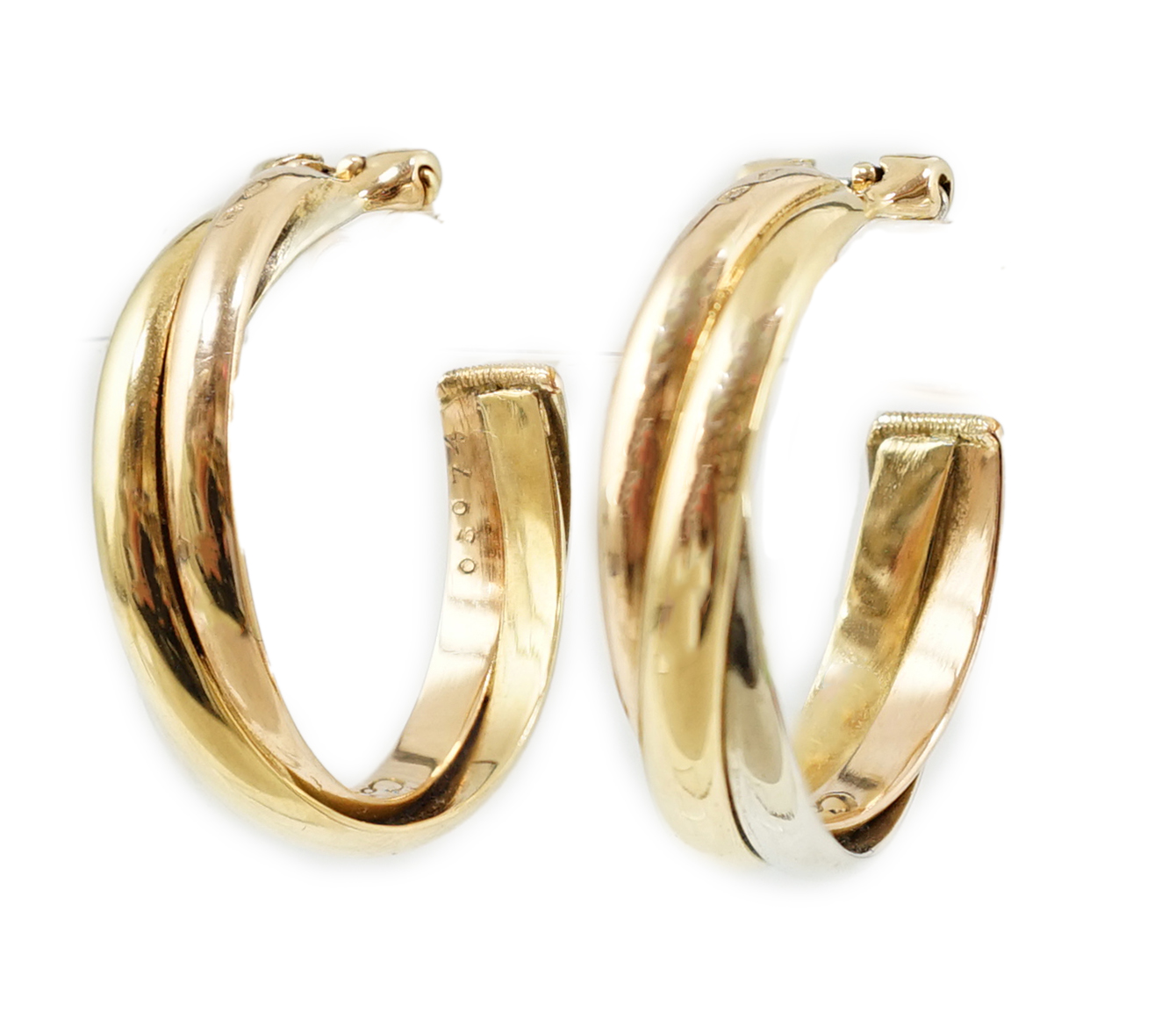 A pair of French Cartier three colour 18ct gold interwoven hoop ear clips